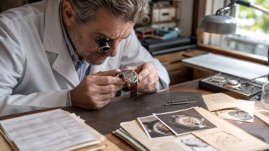 A watch specialist examining a mechanical wristwatch beside dated service invoices a service card and movement photographs