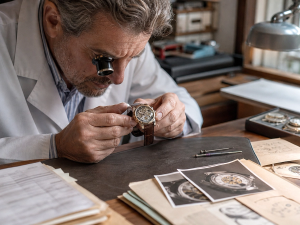A watch specialist examining a mechanical wristwatch beside dated service invoices a service card and movement photographs