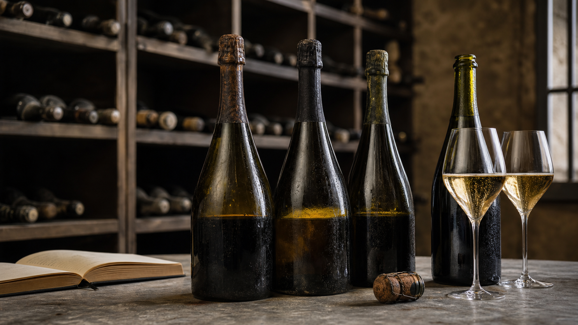 Unlabelled vintage Champagne bottles and tasting glasses in a professional cellar