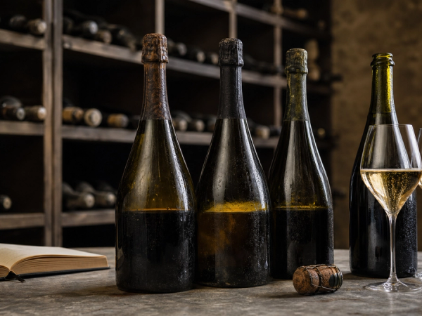 Unlabelled vintage Champagne bottles and tasting glasses in a professional cellar
