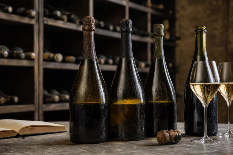 Unlabelled vintage Champagne bottles and tasting glasses in a professional cellar