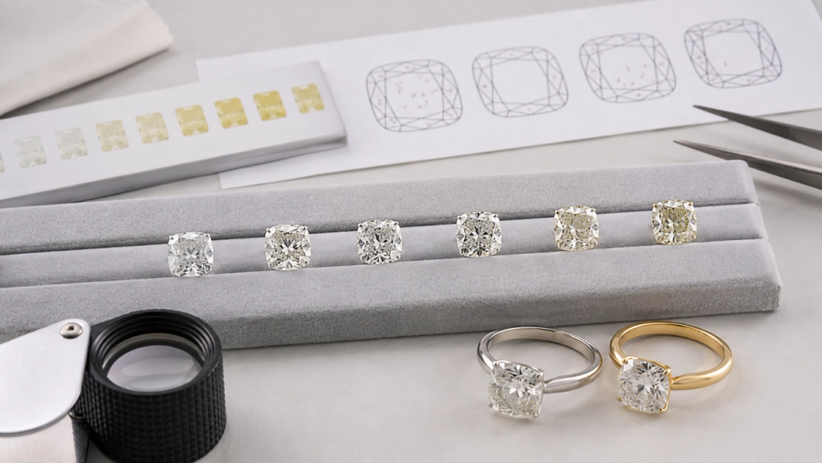 Diamonds compared across colour, clarity, cut, inclusion position and setting metal