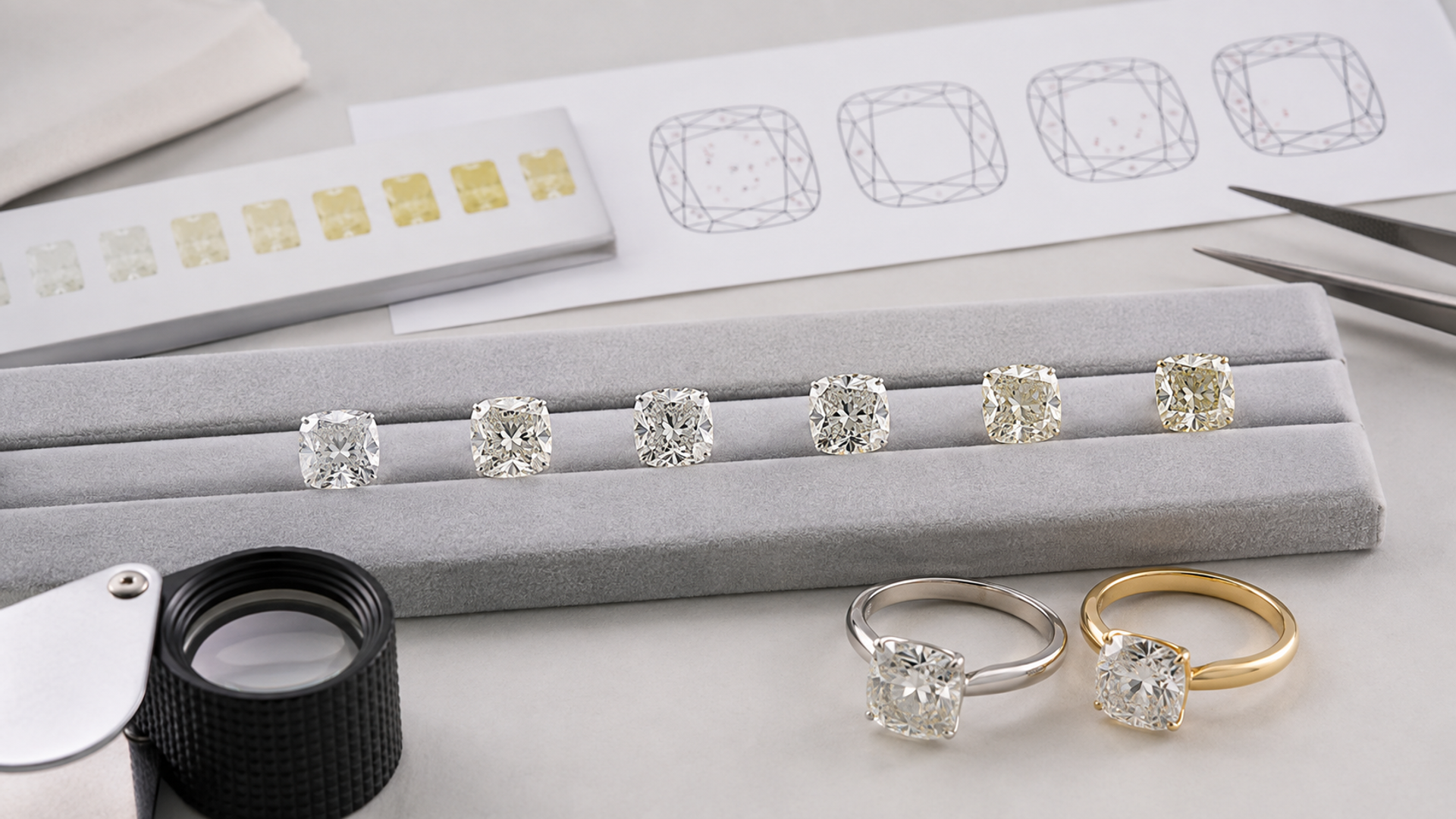 Diamonds compared across colour, clarity, cut, inclusion position and setting metal