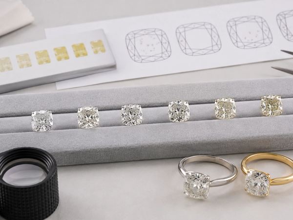 Diamonds compared across colour, clarity, cut, inclusion position and setting metal