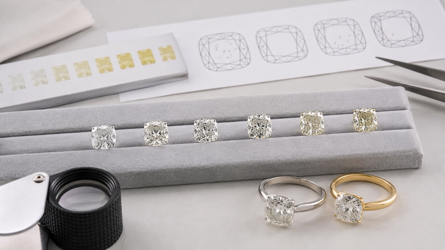 Diamonds compared across colour, clarity, cut, inclusion position and setting metal