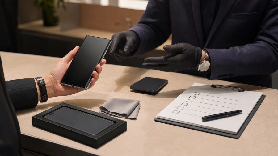 A luxury phone ownership setup appointment with privacy checklist, care cloth, secure backup and concierge onboarding, without depicting a false product model