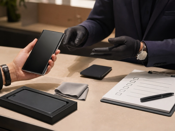 A luxury phone ownership setup appointment with privacy checklist, care cloth, secure backup and concierge onboarding, without depicting a false product model
