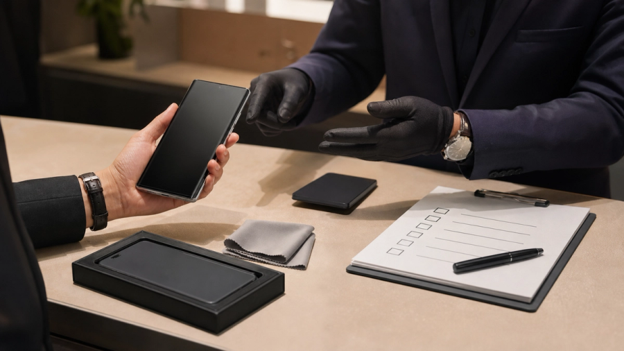 A luxury phone ownership setup appointment with privacy checklist, care cloth, secure backup and concierge onboarding, without depicting a false product model