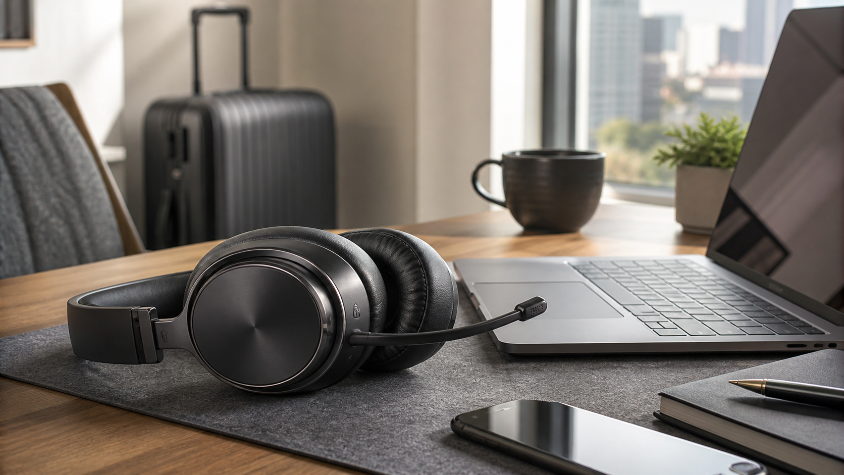 Premium noise-cancelling headphones beside a laptop in an executive workspace