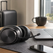 Premium noise-cancelling headphones beside a laptop in an executive workspace