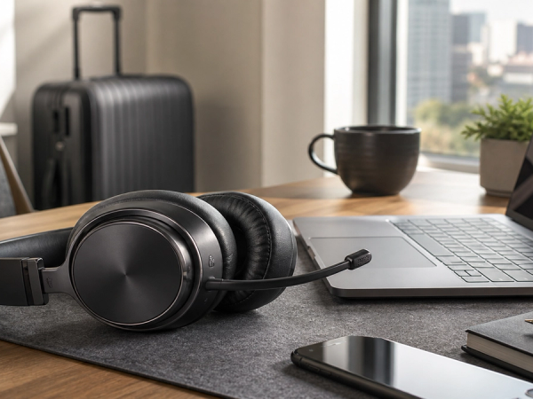 Premium noise-cancelling headphones beside a laptop in an executive workspace