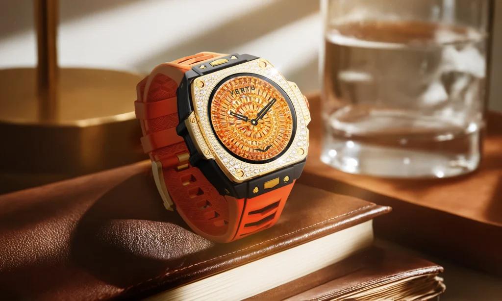 A detailed close-up of a luxury watch face, highlighting the intricate hands and markers.