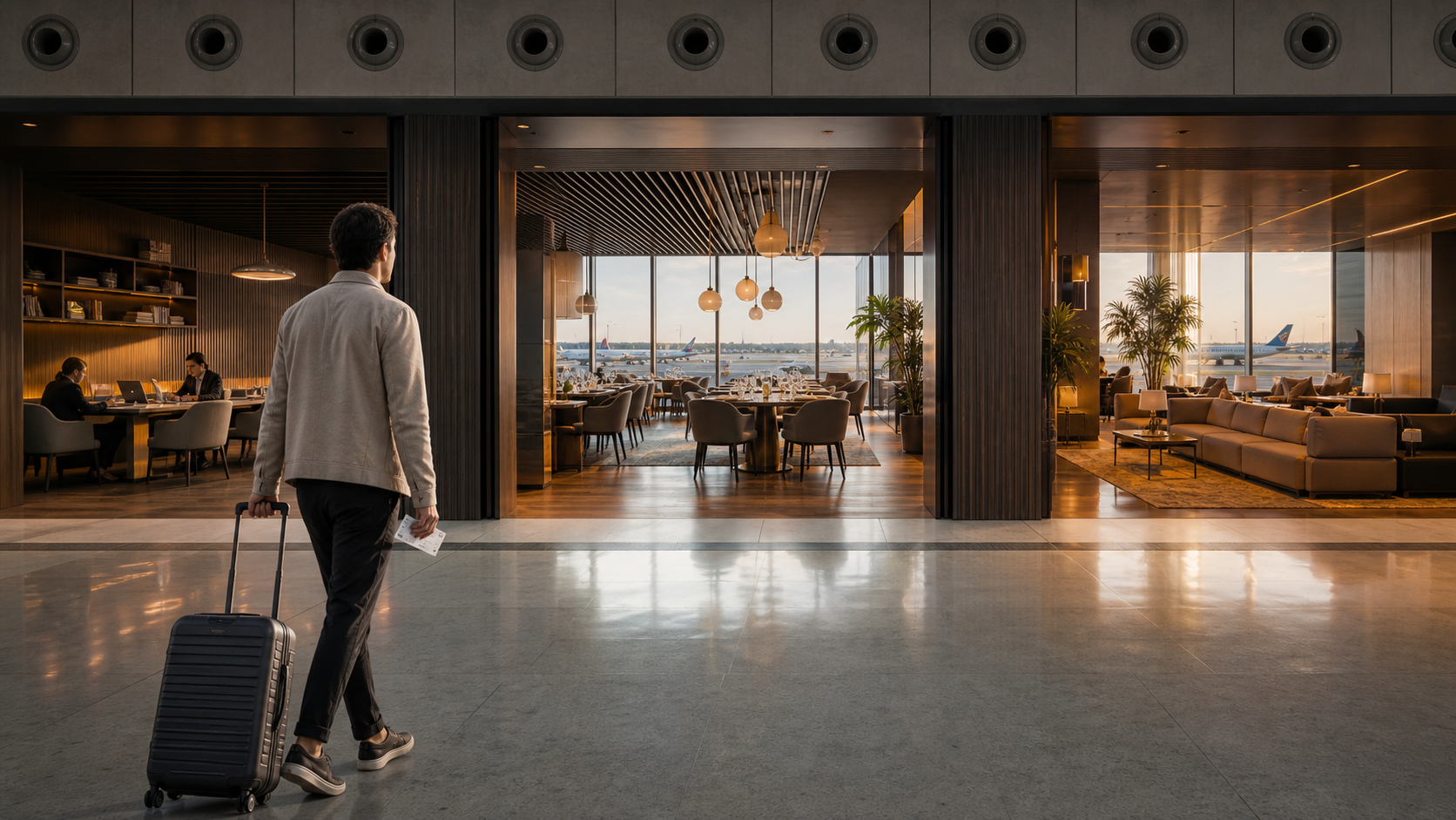 Traveller comparing three different airport lounge experiences in a modern international terminal