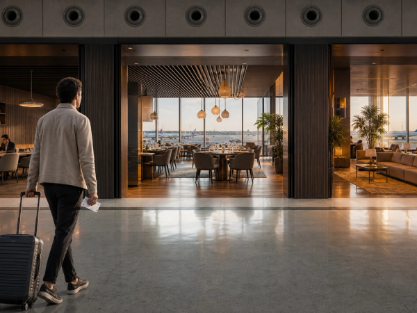 Traveller comparing three different airport lounge experiences in a modern international terminal