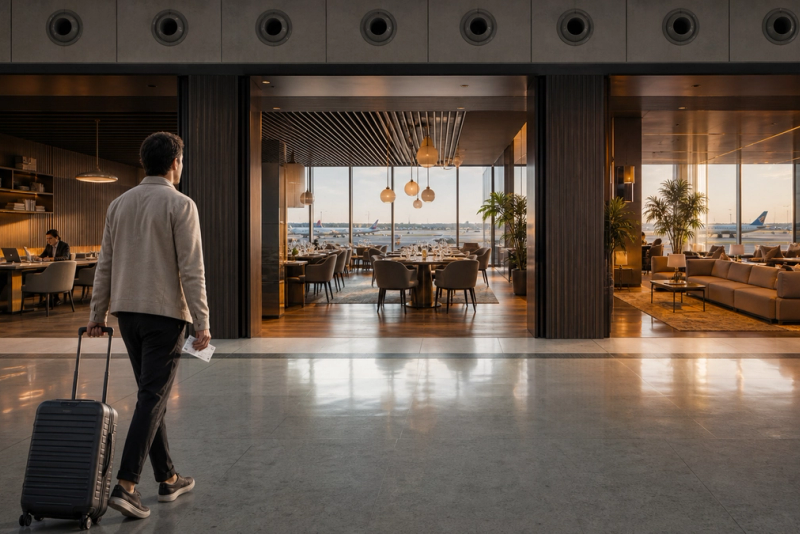 Traveller comparing three different airport lounge experiences in a modern international terminal