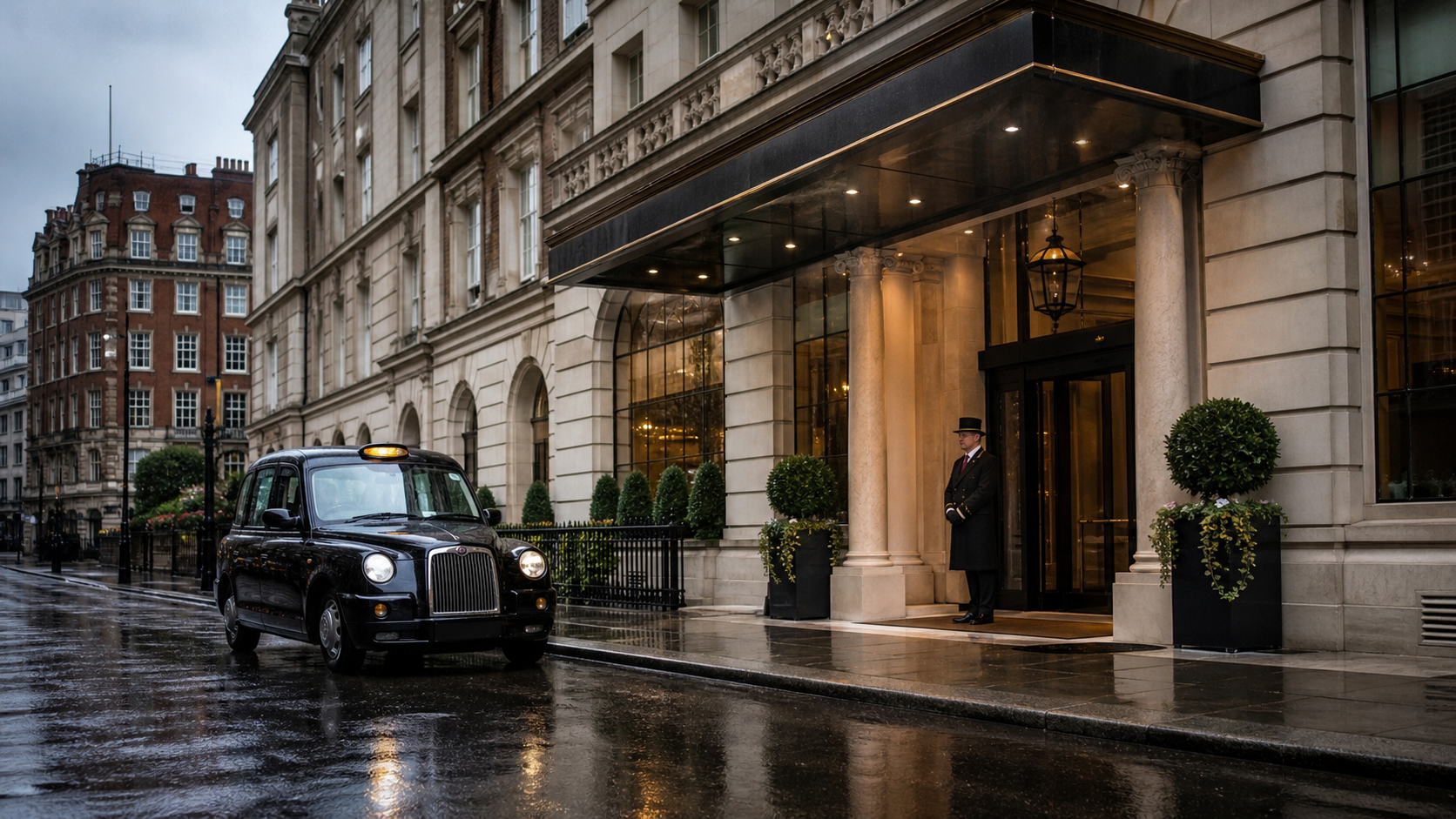 Discreet luxury hotel arrival on a rainy London morning