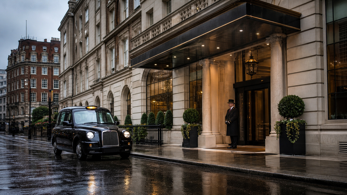 Discreet luxury hotel arrival on a rainy London morning