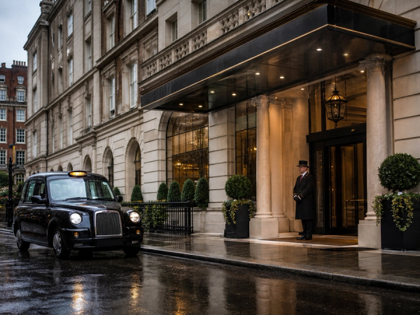 Discreet luxury hotel arrival on a rainy London morning