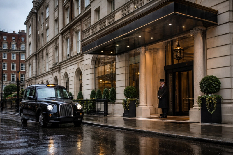 Discreet luxury hotel arrival on a rainy London morning