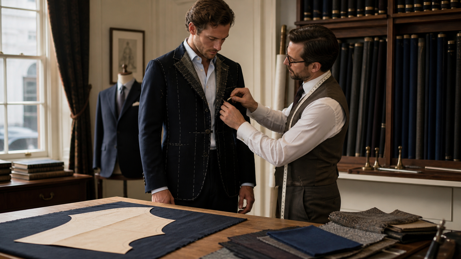 A cutter comparing a bespoke fitting with a made-to-measure pattern in a tailoring atelier