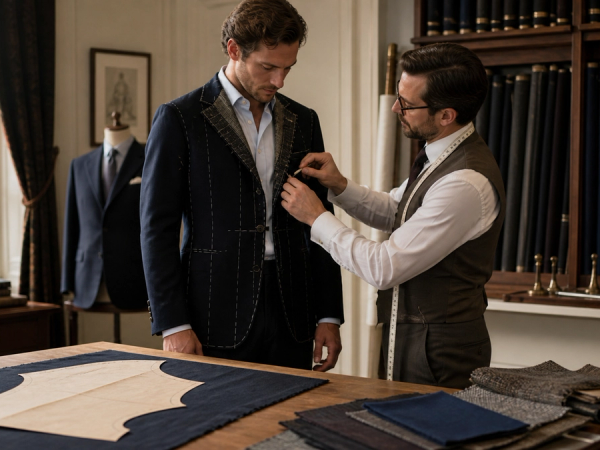 A cutter comparing a bespoke fitting with a made-to-measure pattern in a tailoring atelier