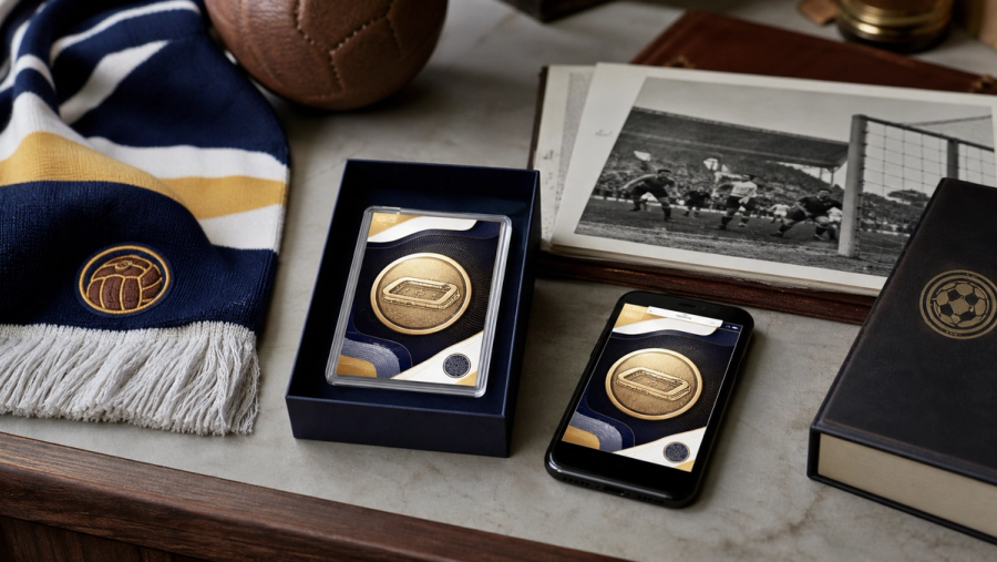 A physical football fan identity card and its digital counterpart displayed beside a match scarf and ticket wallet