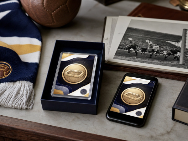 A physical football fan identity card and its digital counterpart displayed beside a match scarf and ticket wallet