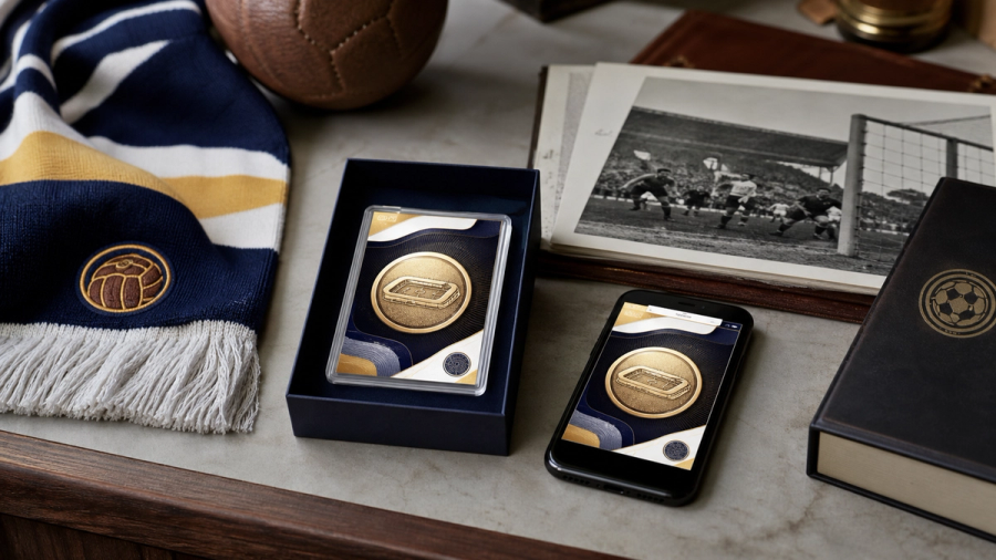 A physical football fan identity card and its digital counterpart displayed beside a match scarf and ticket wallet