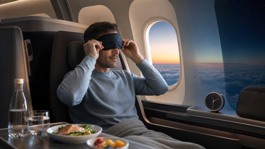 A long-haul traveller adjusting a sleep mask beside an aircraft window shifting from daylight to night