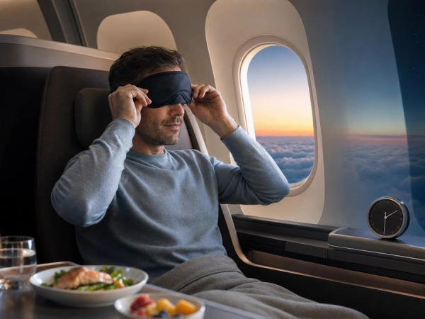 A long-haul traveller adjusting a sleep mask beside an aircraft window shifting from daylight to night