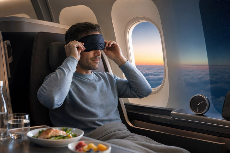 A long-haul traveller adjusting a sleep mask beside an aircraft window shifting from daylight to night