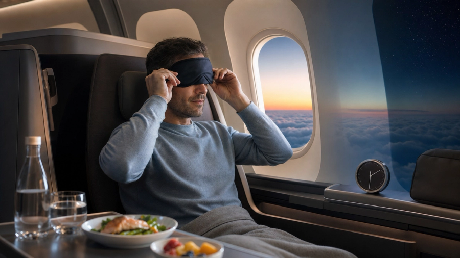 A long-haul traveller adjusting a sleep mask beside an aircraft window shifting from daylight to night