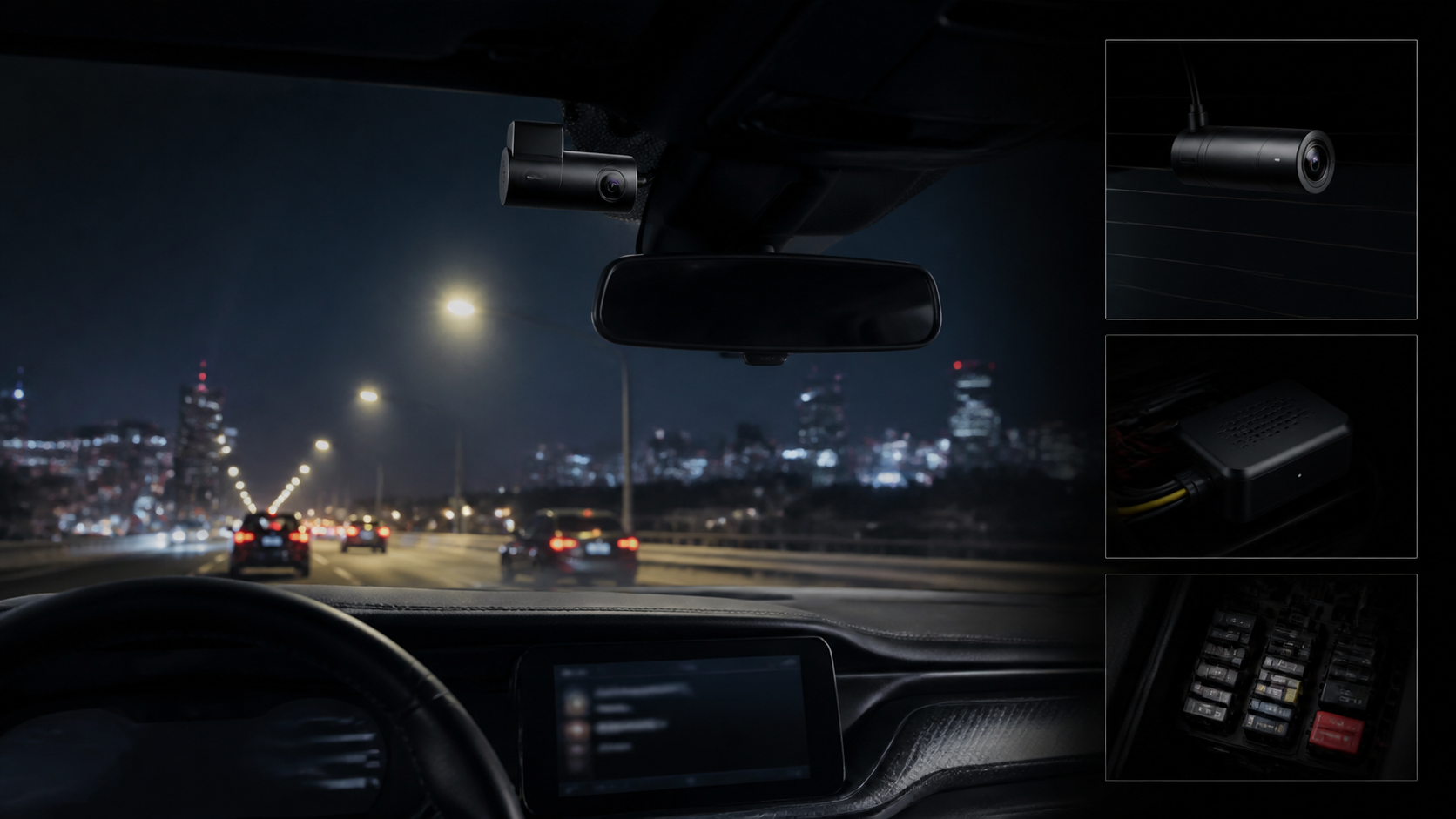 Dash-camera installation showing front and rear coverage in a premium car