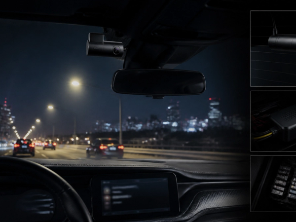 Dash-camera installation showing front and rear coverage in a premium car