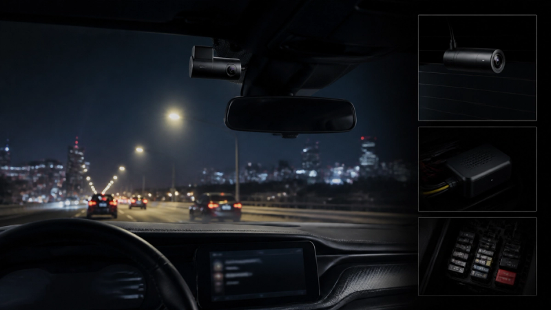 Dash-camera installation showing front and rear coverage in a premium car