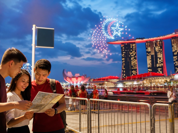 Visitors arriving at Singapore National Stadium with transit, weather and crowd-planning cues