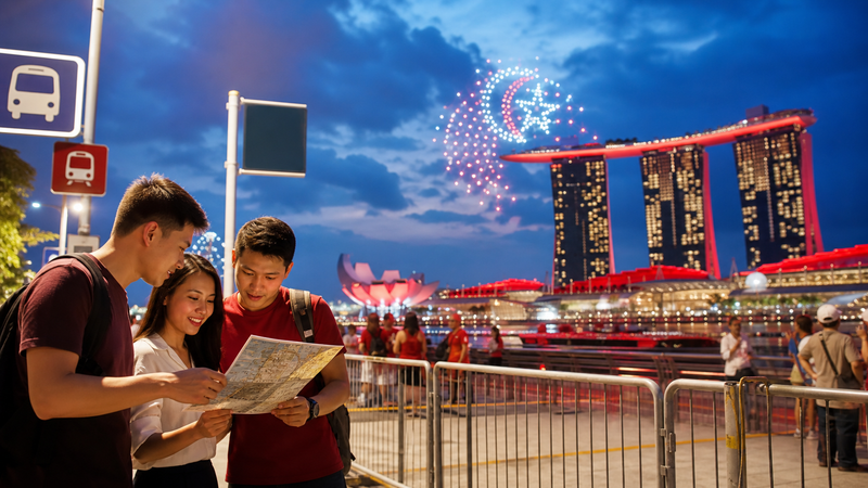 Visitors arriving at Singapore National Stadium with transit, weather and crowd-planning cues