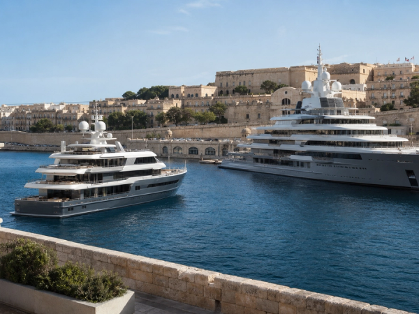 Two ultra-luxury yachts of different scale compared in a Mediterranean harbour