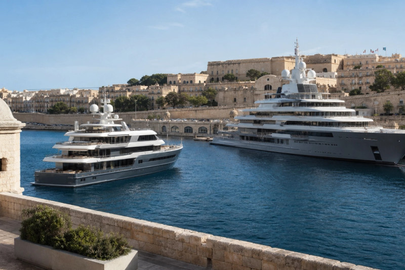 Two ultra-luxury yachts of different scale compared in a Mediterranean harbour