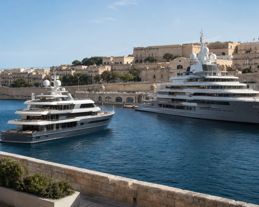 Two ultra-luxury yachts of different scale compared in a Mediterranean harbour
