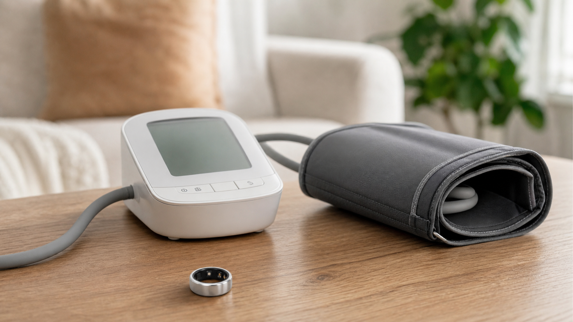A smart ring beside a clinically validated upper-arm blood pressure monitor on a clean home desk, showing comparison without medical alarmism