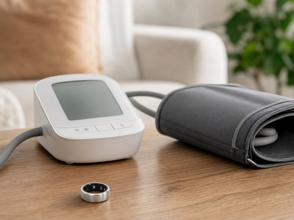A smart ring beside a clinically validated upper-arm blood pressure monitor on a clean home desk, showing comparison without medical alarmism