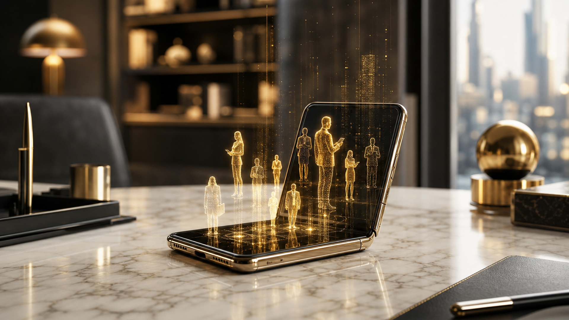 VERTU AlphaFold foldable on marble executive desk with holographic AI agent silhouettes