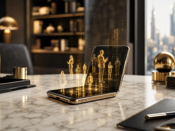 VERTU AlphaFold foldable on marble executive desk with holographic AI agent silhouettes