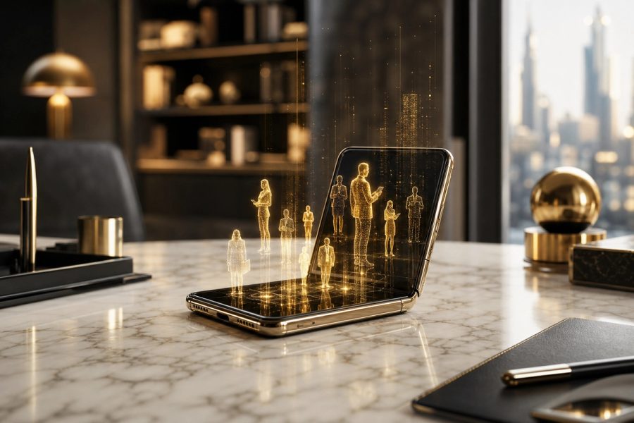 VERTU AlphaFold foldable on marble executive desk with holographic AI agent silhouettes