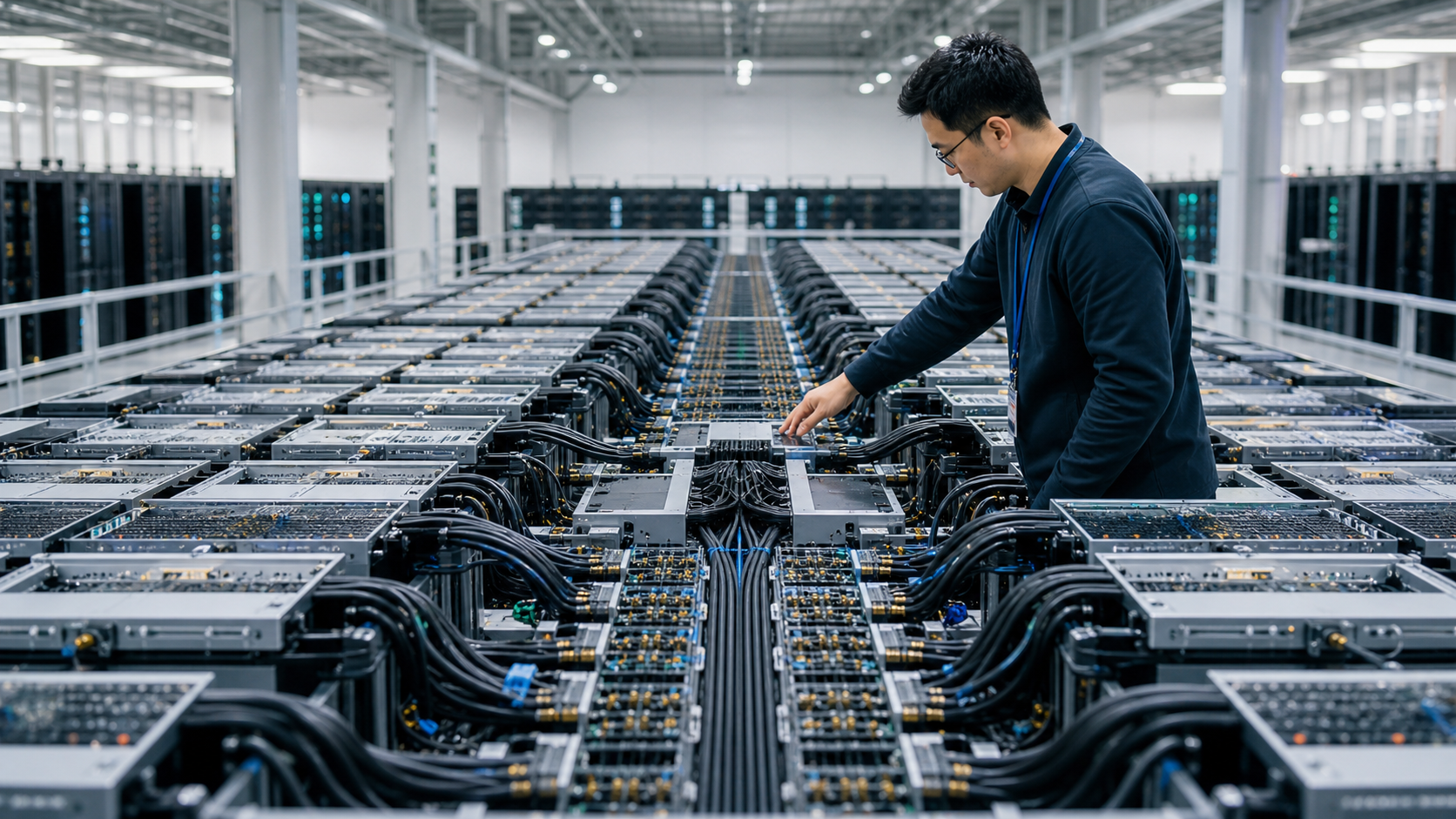 Engineer inspecting a vast modular AI supernode built for a multi-trillion-parameter model