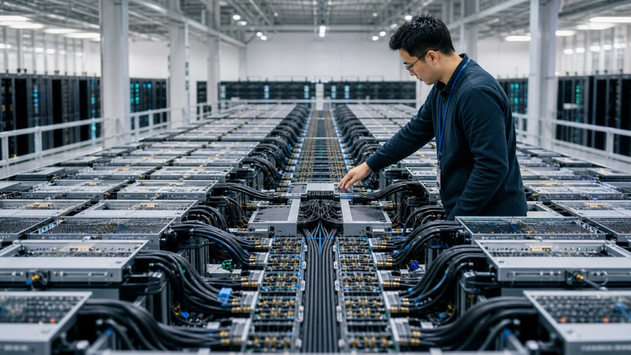 Engineer inspecting a vast modular AI supernode built for a multi-trillion-parameter model