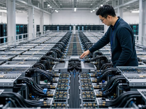 Engineer inspecting a vast modular AI supernode built for a multi-trillion-parameter model