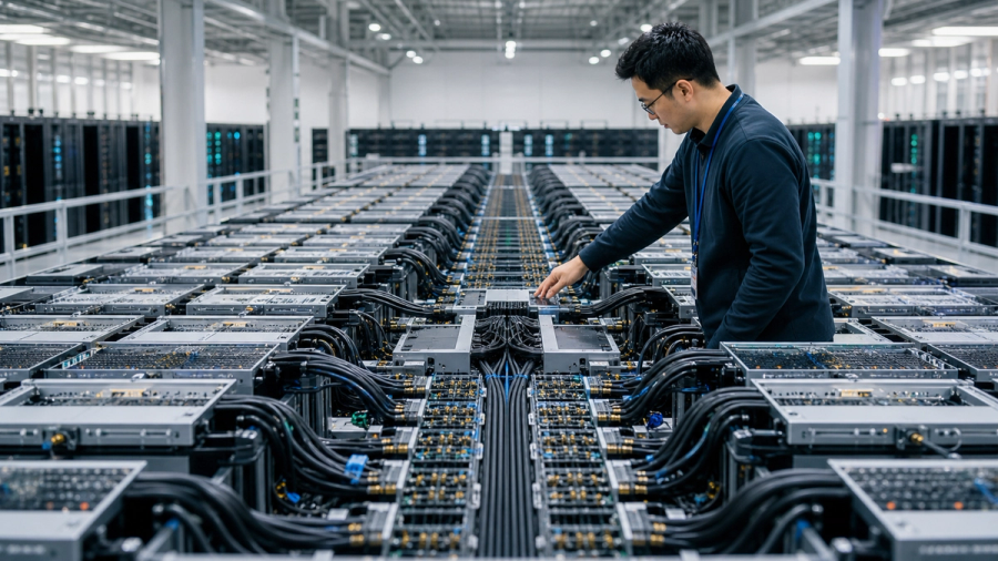 Engineer inspecting a vast modular AI supernode built for a multi-trillion-parameter model