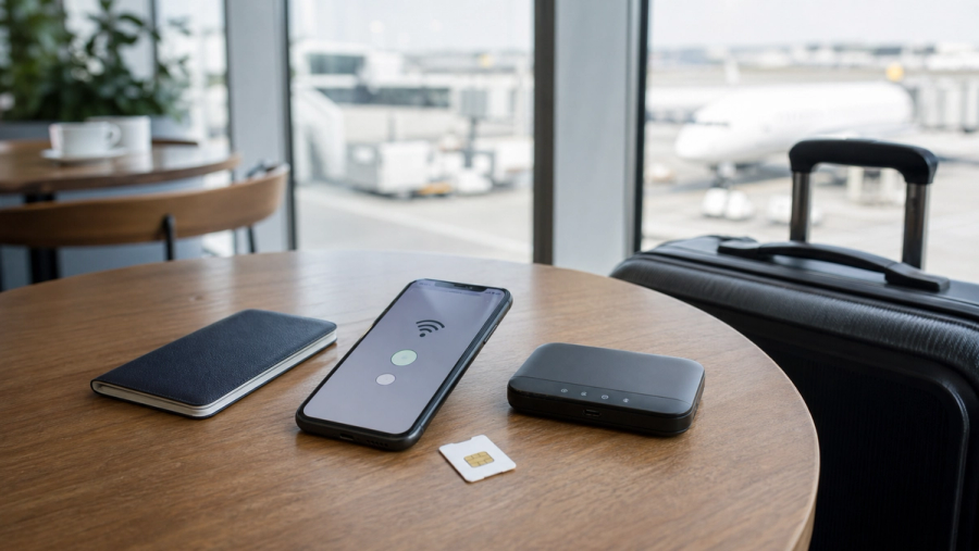 eSIM phone, physical SIM and pocket hotspot prepared for international travel